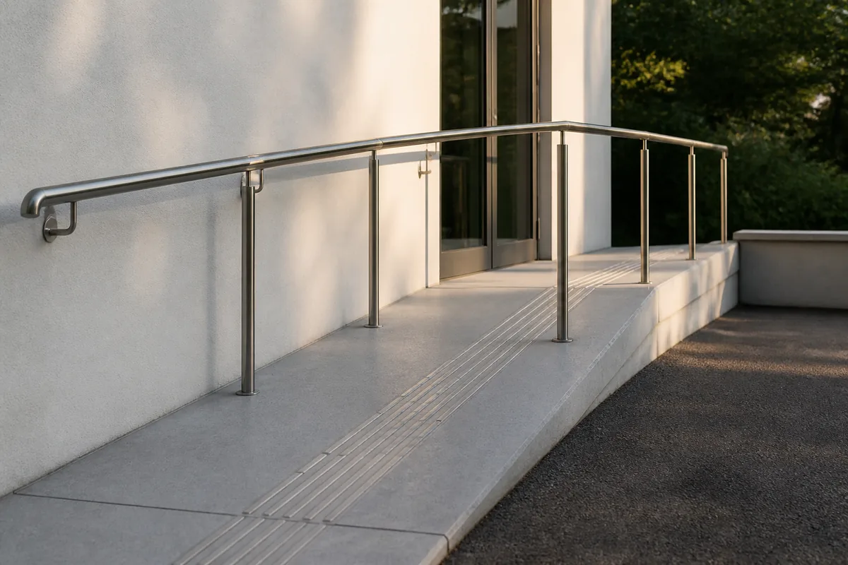 Rampe d&rsquo;accès en béton clair bordée d&rsquo;une main courante métallique devant l&rsquo;entrée vitrée d&rsquo;un immeuble