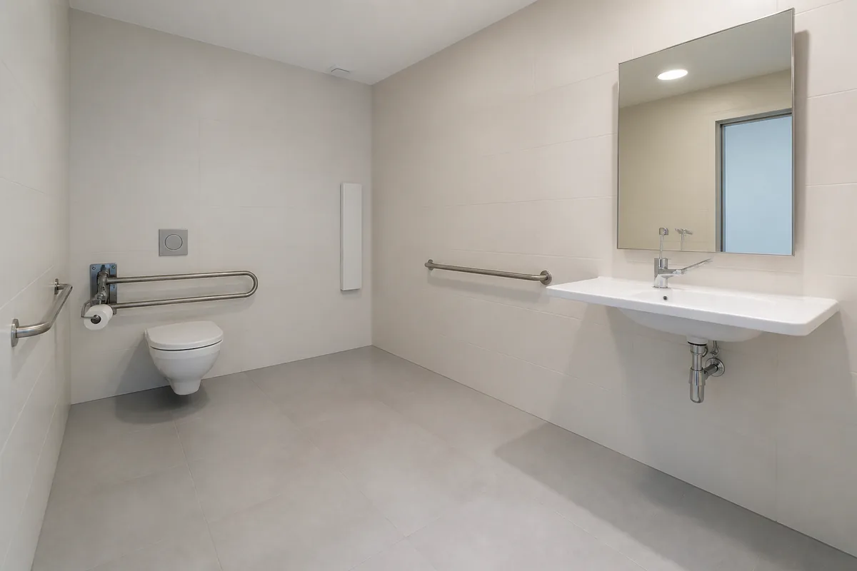 Sanitaire adapté aux murs carrelés clairs équipé d&rsquo;une barre d&rsquo;appui rabattable et d&rsquo;un lavabo suspendu