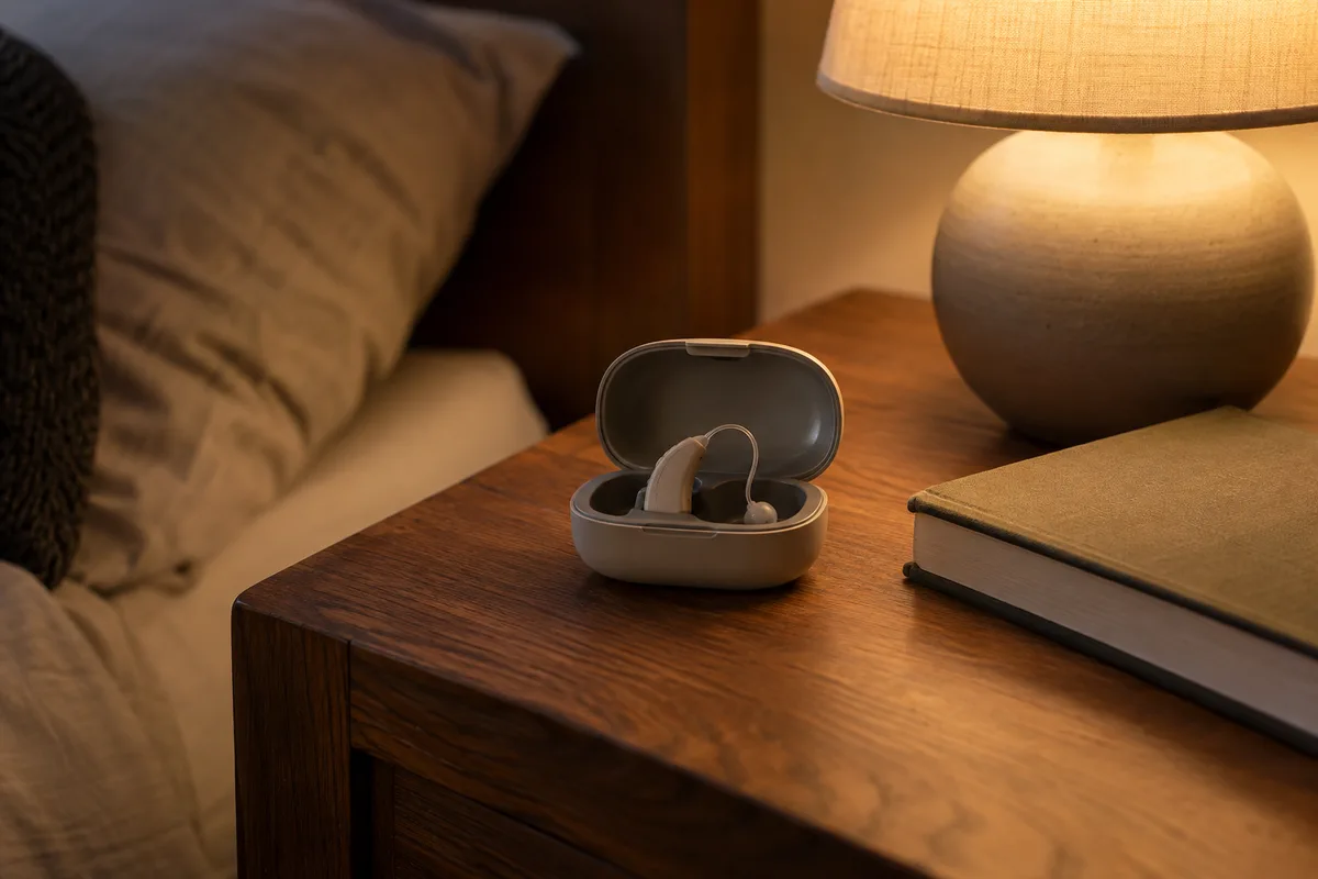 Petit appareil auditif beige posé dans son boîtier de charge ouvert sur une table de nuit