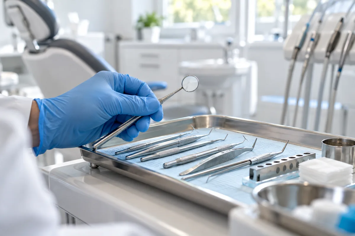 Main d’un praticien tenant un miroir dentaire au-dessus d’un plateau d’instruments en inox