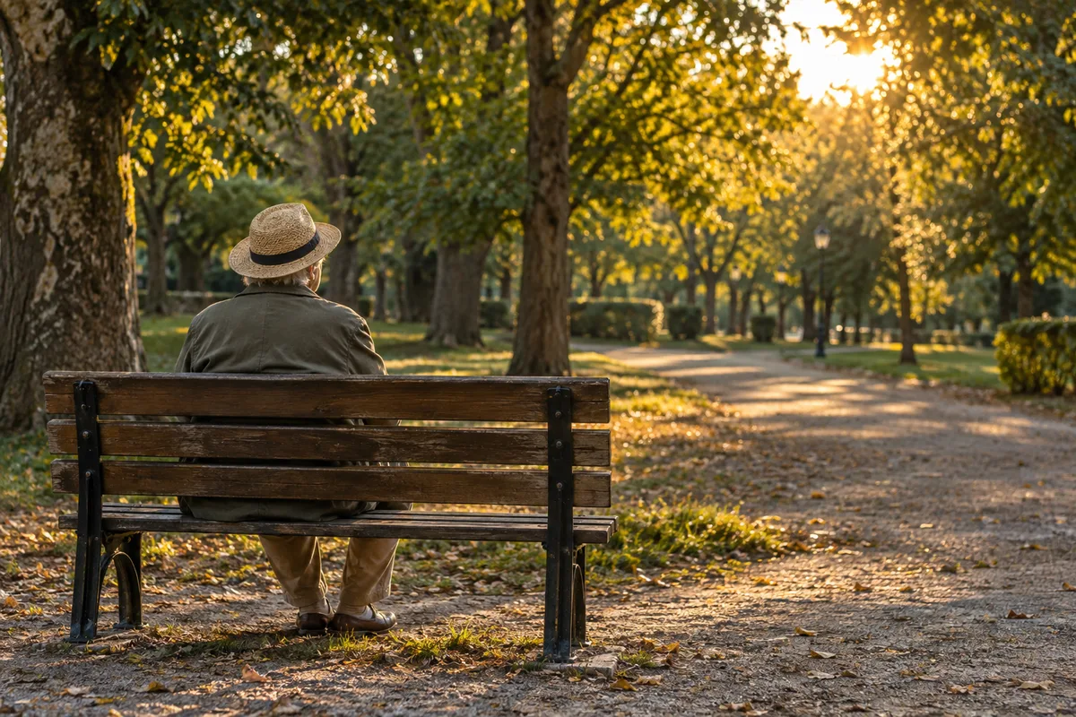 Personne âgée vue de dos assise sur un banc de parc, coiffée d’un chapeau de paille