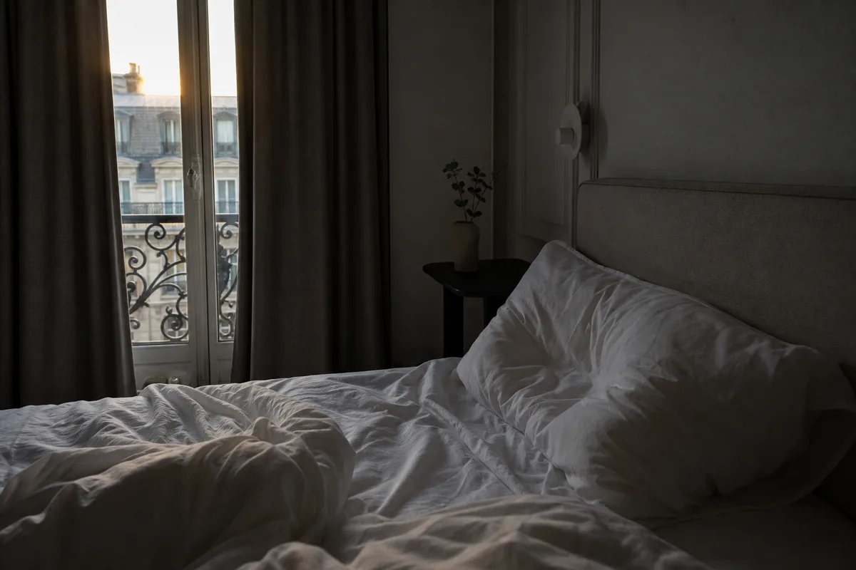 Chambre à coucher au petit matin, draps froissés et lumière rasante