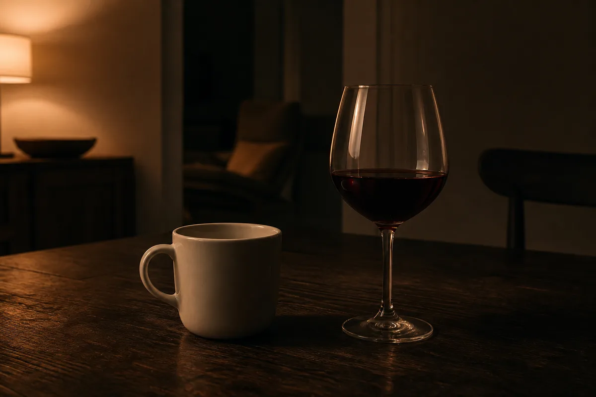 Tasse à café et verre à vin sur une table en bois en fin de soirée