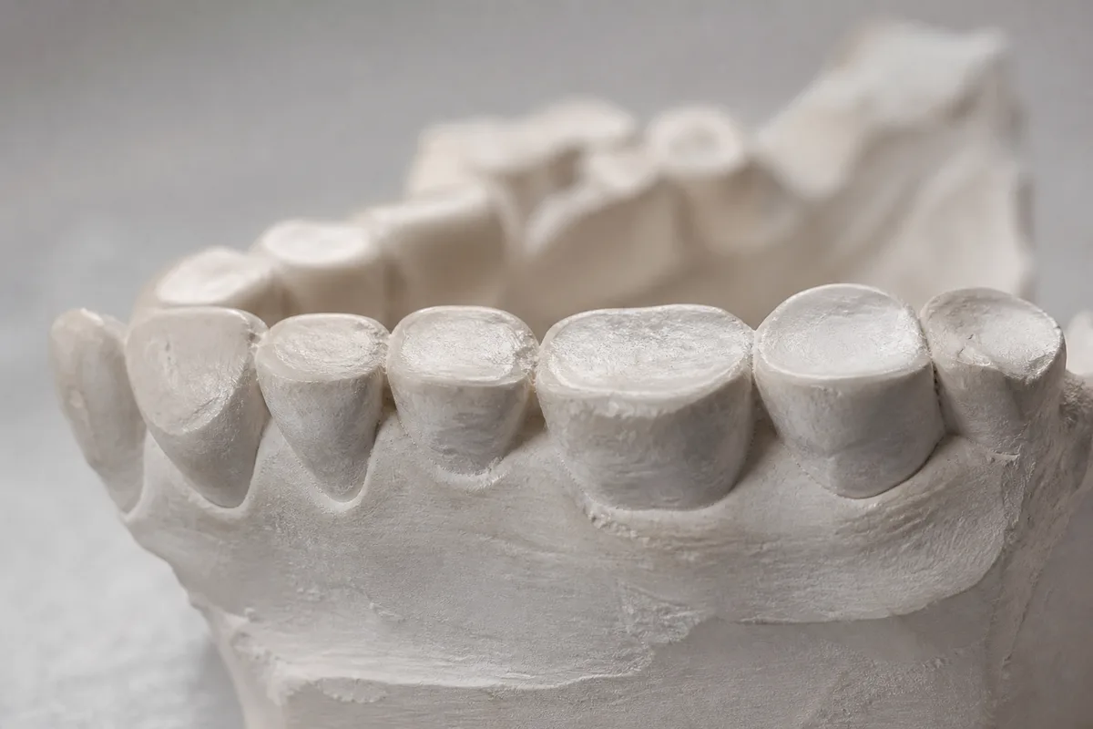 Modèle dentaire en plâtre aux faces de mastication aplanies par l’usure