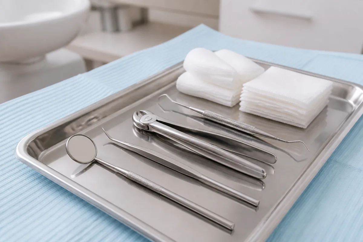 Instruments de chirurgie dentaire stériles alignés sur un champ bleu