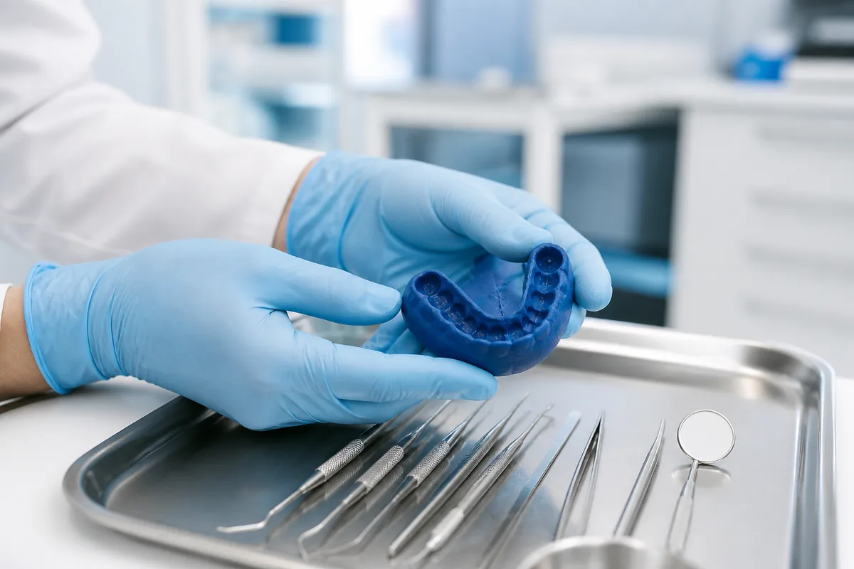 Empreinte dentaire en silicone bleu tenue au-dessus d&rsquo;un plateau de soins en inox