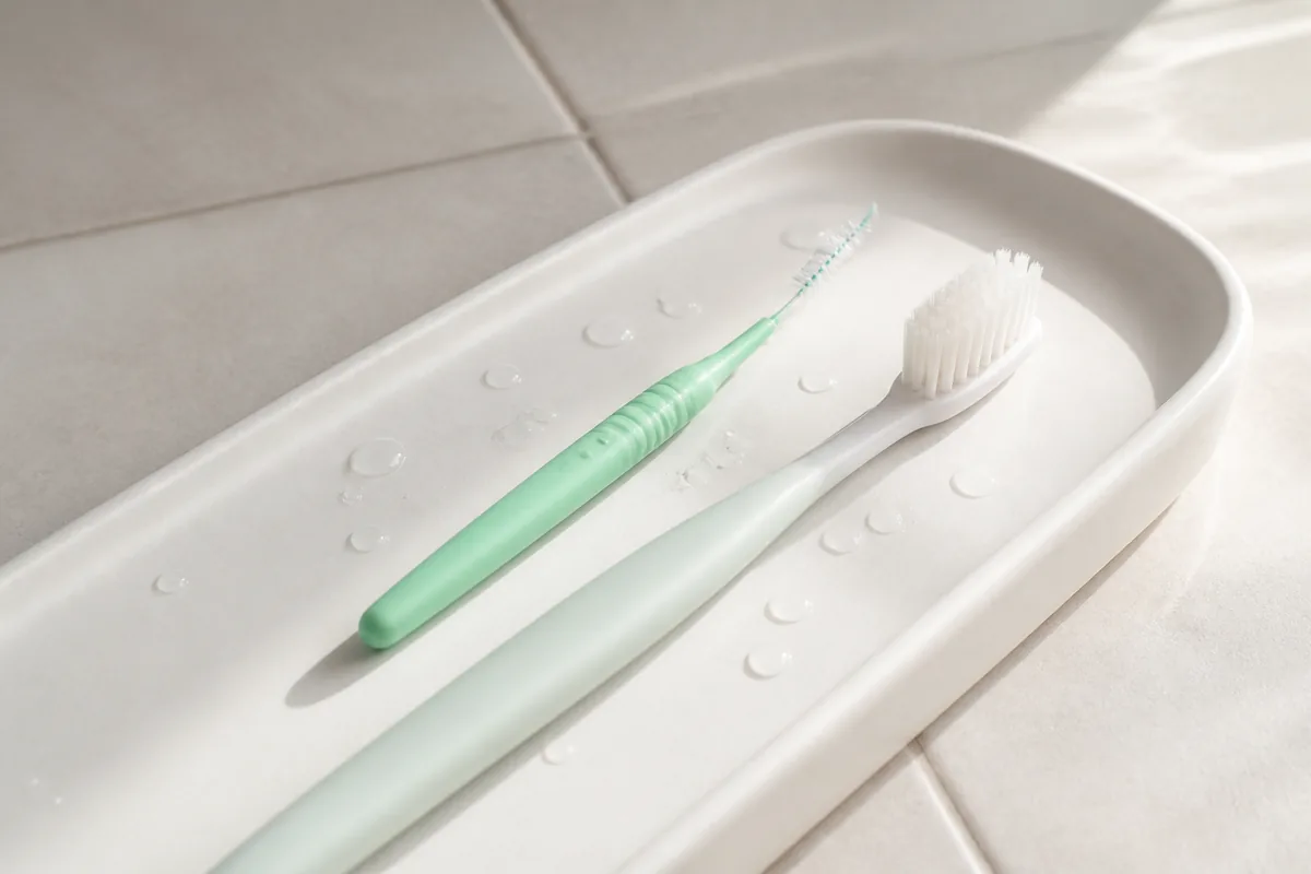 Brossette interdentaire et brosse à dents souple posées sur une tablette de salle de bain claire