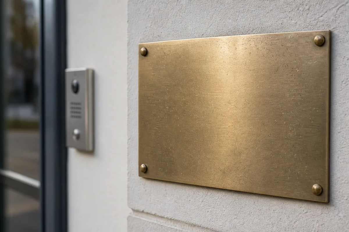 Plaque professionnelle en laiton sur la façade d&rsquo;un cabinet dentaire de banlieue parisienne, lumière du matin