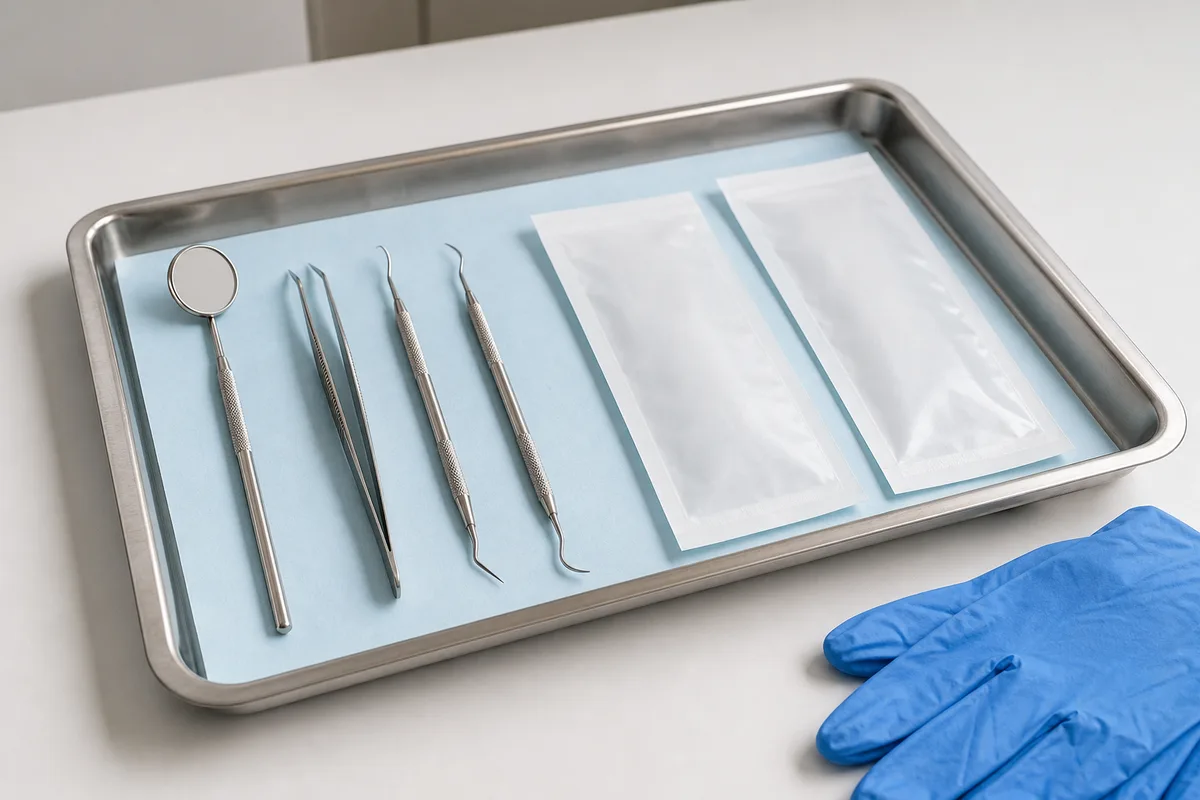 Instruments dentaires stérilisés disposés sur un plateau en inox dans un cabinet, sans étiquette lisible