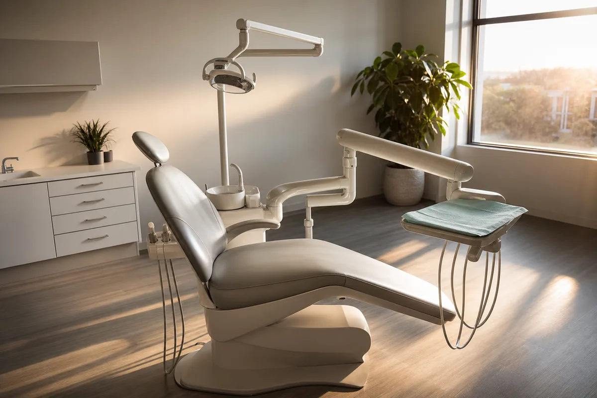 Fauteuil dentaire vide dans un cabinet lumineux, scialytique éteint, fin de journée