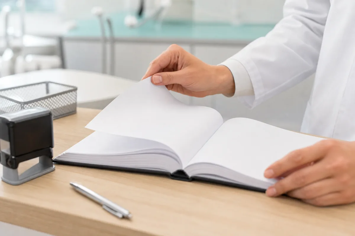 Praticien dentaire consultant un agenda papier posé sur le comptoir d&rsquo;accueil du cabinet