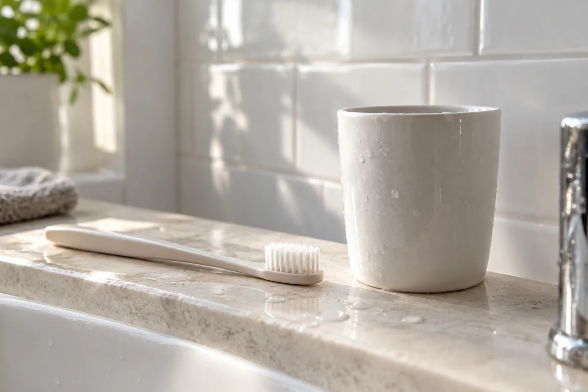 Brosse à dents souple et gobelet en céramique posés sur le rebord d’un lavabo clair