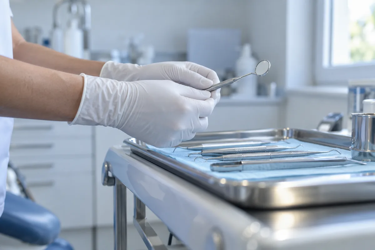 Mains gantées d’un praticien tenant un miroir dentaire, vue de côté au-dessus d’un plateau en inox