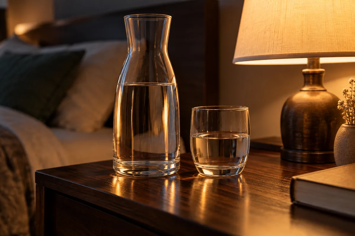 Carafe d’eau et verre posés sur une table de nuit près d’une lampe allumée