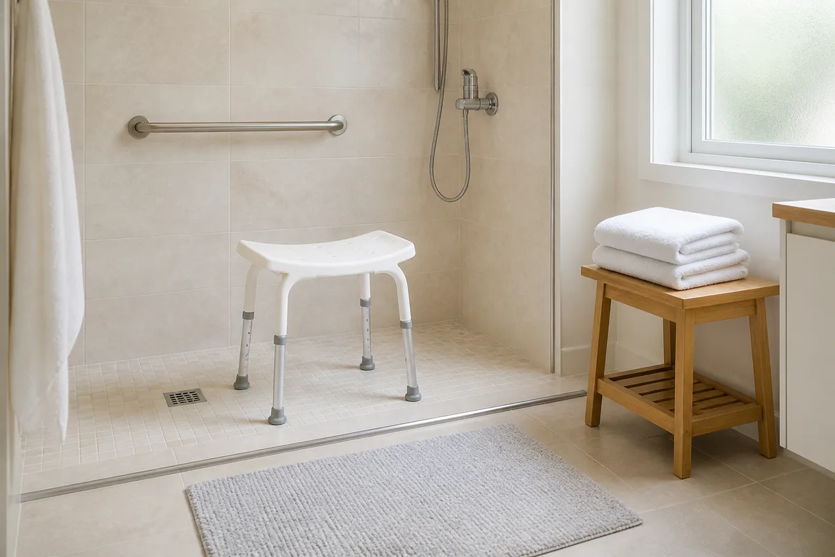 Salle de bain claire équipée d&rsquo;un siège de douche et d&rsquo;une barre d&rsquo;appui murale