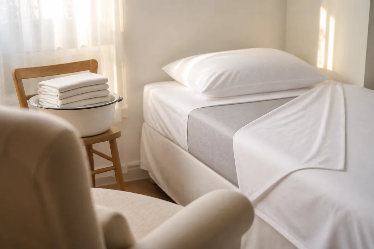 Chambre lumineuse au lit soigneusement bordé de draps unis, fauteuil en tissu clair au premier plan