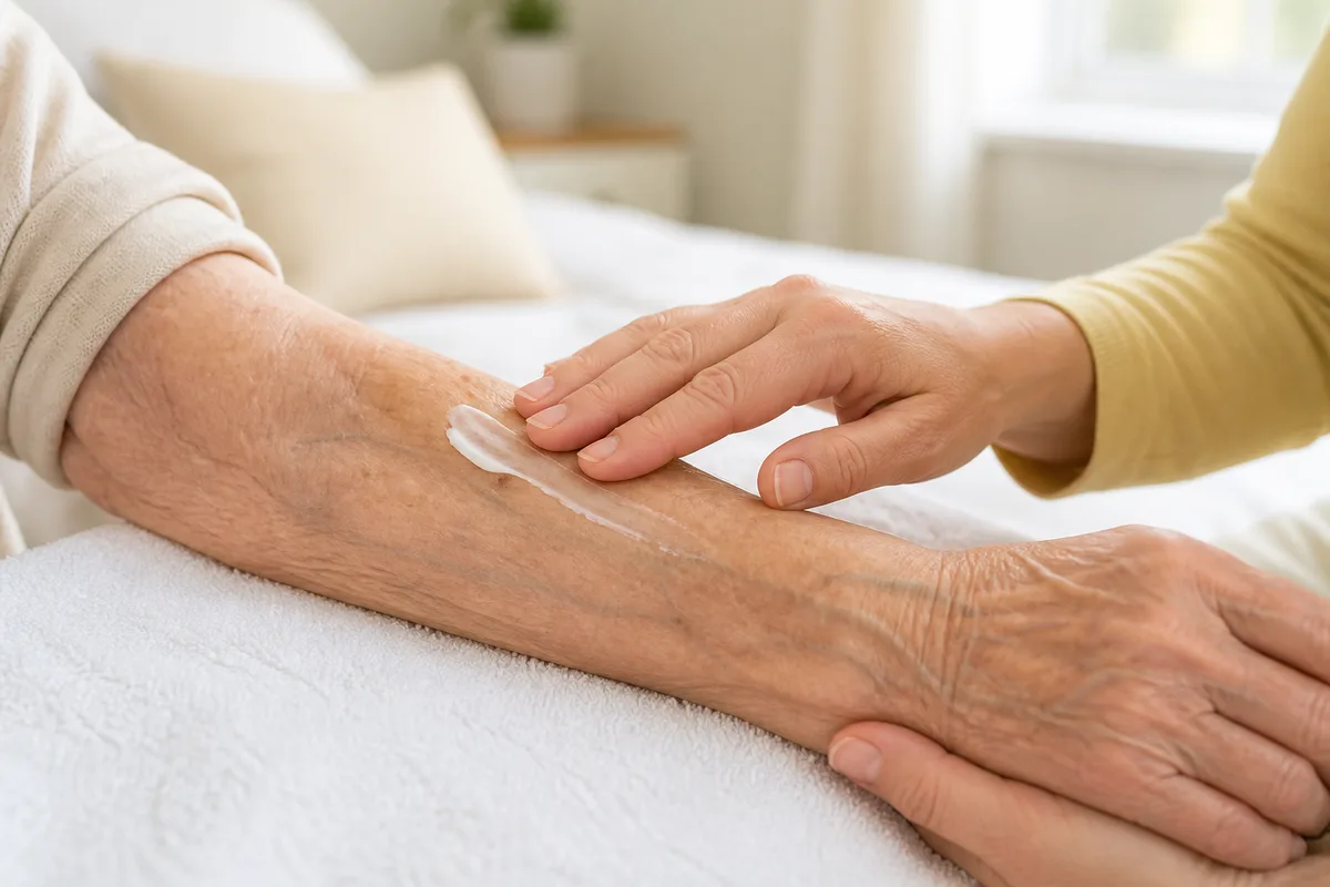 Mains appliquant une crème hydratante sur un avant-bras, lumière naturelle douce et faible profondeur de champ