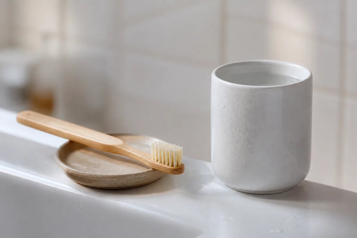 Brosse souple et gobelet en céramique posés sur un rebord de lavabo, lumière naturelle latérale